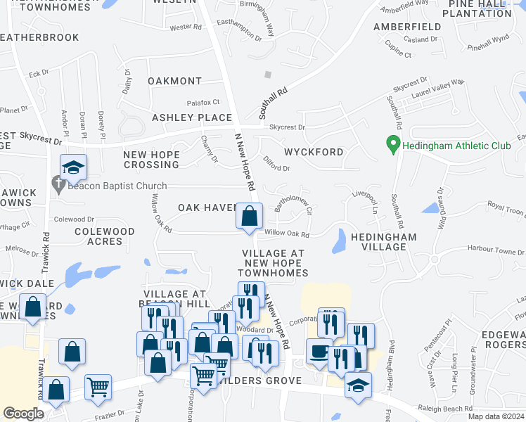 map of restaurants, bars, coffee shops, grocery stores, and more near 4304 Dyer Court in Raleigh