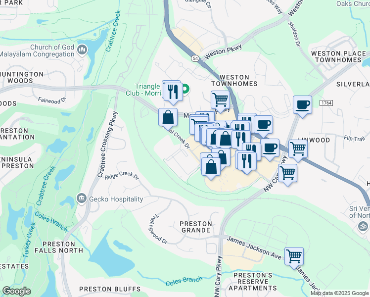 map of restaurants, bars, coffee shops, grocery stores, and more near 3020 Bristol Creek Drive in Morrisville