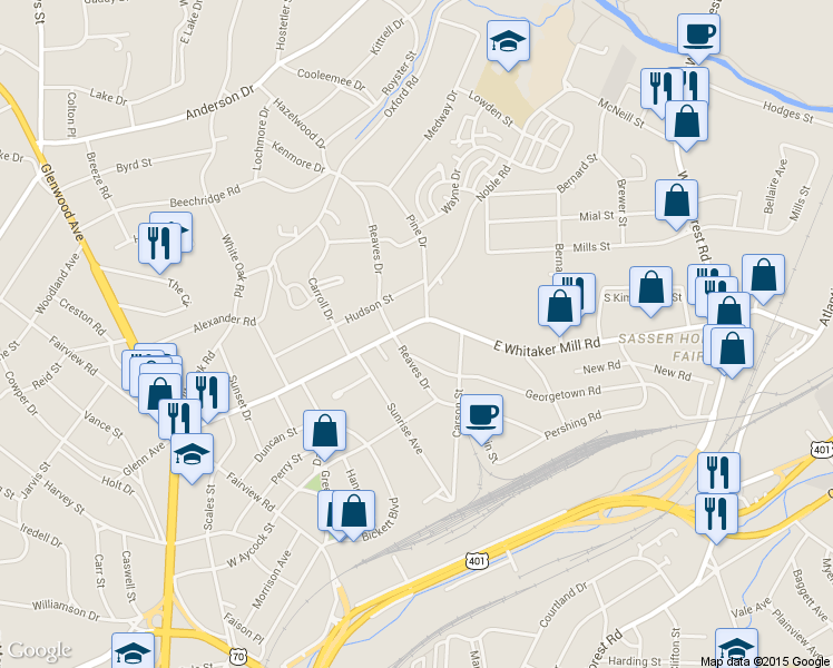 map of restaurants, bars, coffee shops, grocery stores, and more near 115 Georgetown Road in Raleigh