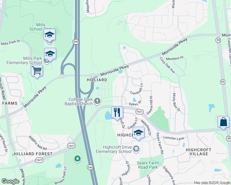 map of restaurants, bars, coffee shops, grocery stores, and more near in Cary