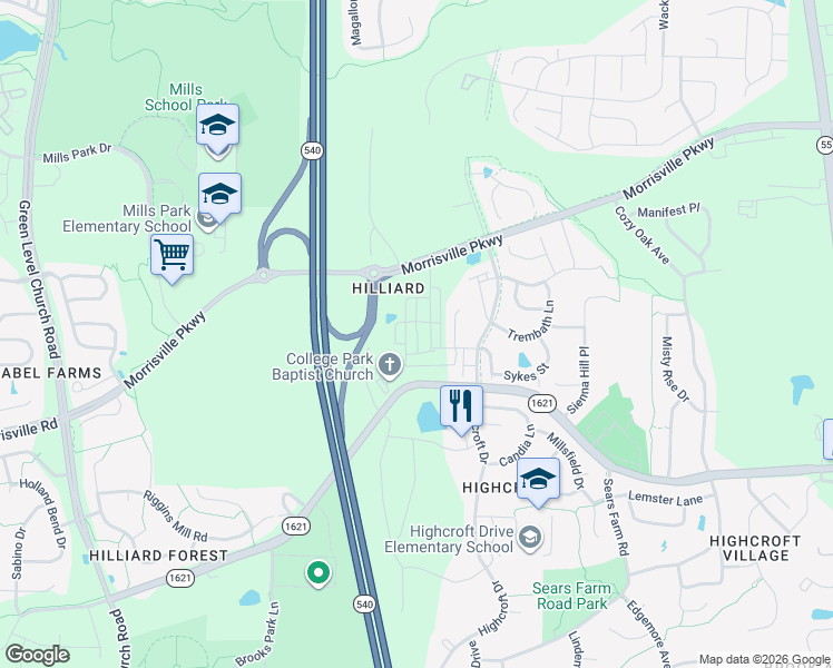 map of restaurants, bars, coffee shops, grocery stores, and more near 102 Hilliard Lane in Cary