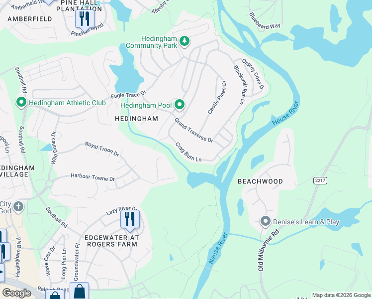 map of restaurants, bars, coffee shops, grocery stores, and more near 1623 Crag Burn Lane in Raleigh