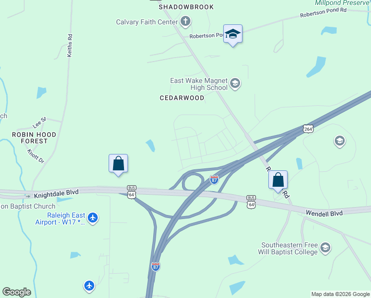 map of restaurants, bars, coffee shops, grocery stores, and more near 9021 U.S. 64 in Knightdale