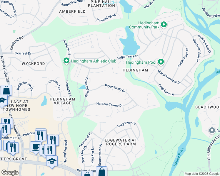 map of restaurants, bars, coffee shops, grocery stores, and more near 4808 Royal Troon Drive in Raleigh