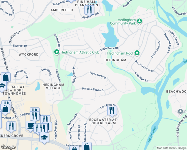 map of restaurants, bars, coffee shops, grocery stores, and more near 4808 Royal Troon Drive in Raleigh