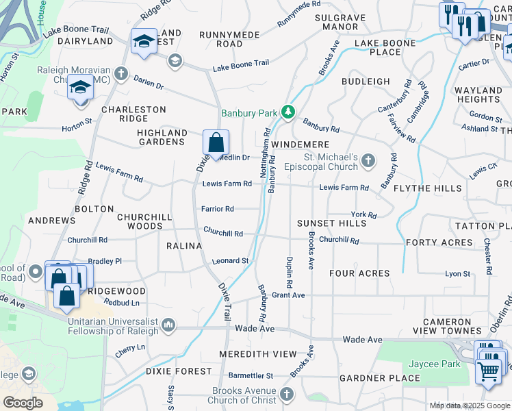 map of restaurants, bars, coffee shops, grocery stores, and more near 1421 Nottingham Road in Raleigh