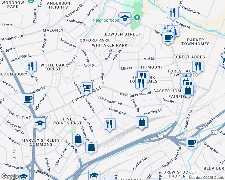 map of restaurants, bars, coffee shops, grocery stores, and more near 2503 Carson Street in Raleigh