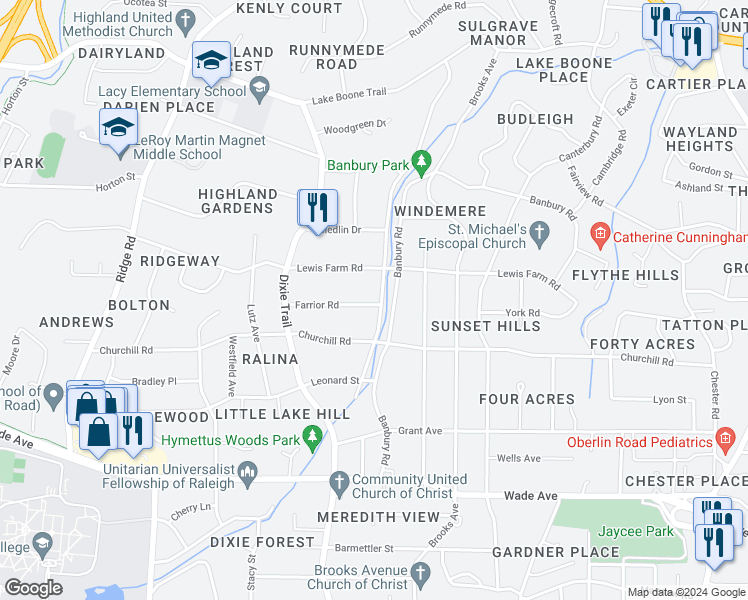 map of restaurants, bars, coffee shops, grocery stores, and more near 1421 Nottingham Road in Raleigh