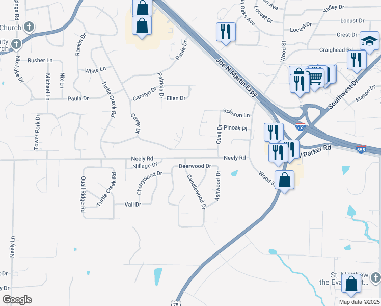 map of restaurants, bars, coffee shops, grocery stores, and more near 1805 Covey Drive in Jonesboro