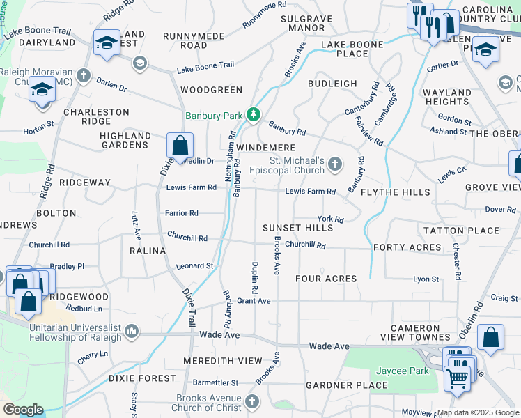 map of restaurants, bars, coffee shops, grocery stores, and more near 1426 Duplin Road in Raleigh