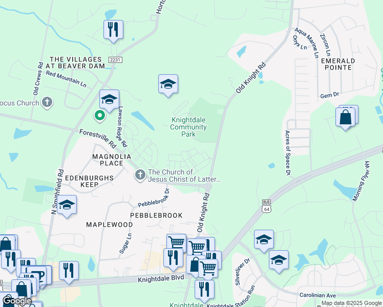 map of restaurants, bars, coffee shops, grocery stores, and more near Bryan Chalk Lane in Knightdale