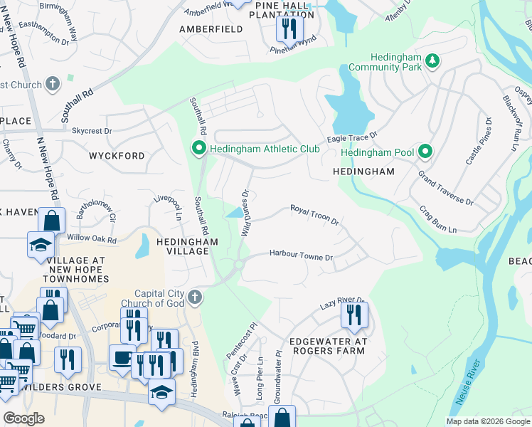 map of restaurants, bars, coffee shops, grocery stores, and more near 4913 Long Point Court in Raleigh