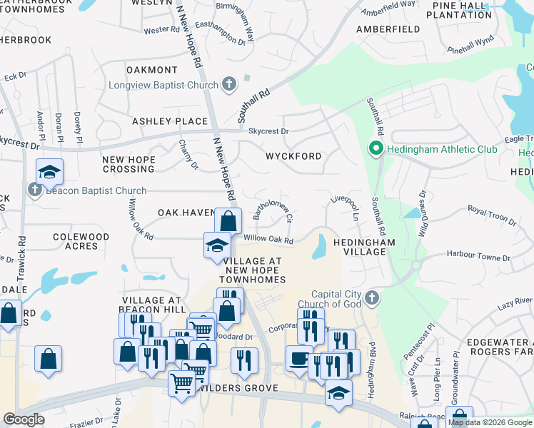 map of restaurants, bars, coffee shops, grocery stores, and more near 4405 Bartholomew Circle in Raleigh
