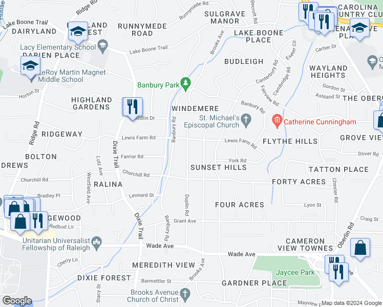 map of restaurants, bars, coffee shops, grocery stores, and more near 1426 Duplin Road in Raleigh