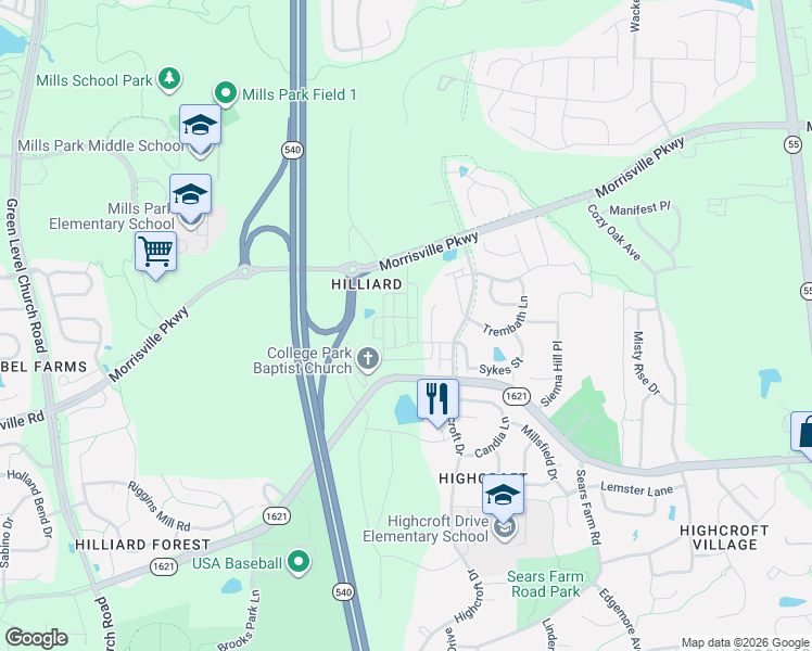 map of restaurants, bars, coffee shops, grocery stores, and more near 7216 Green Hope School Road in Cary