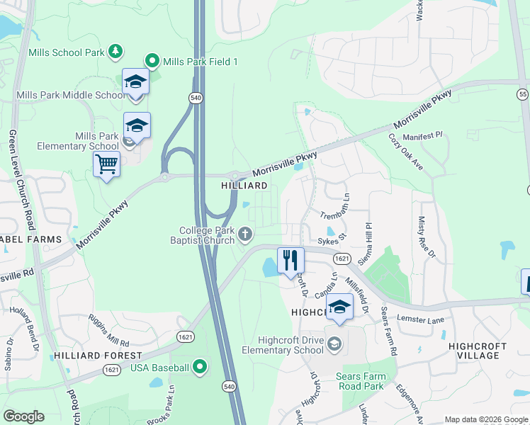 map of restaurants, bars, coffee shops, grocery stores, and more near 7216 Green Hope School Road in Cary