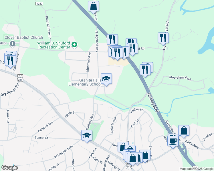 map of restaurants, bars, coffee shops, grocery stores, and more near 60 North Highland Avenue in Granite Falls