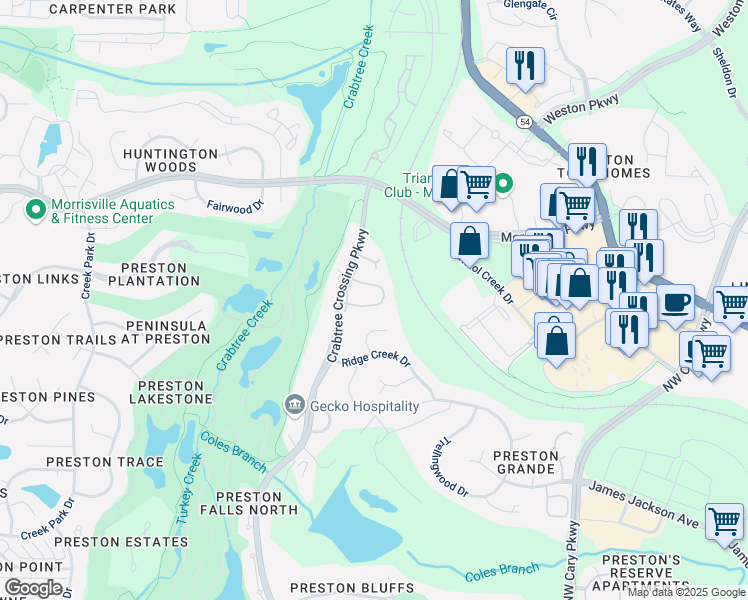 map of restaurants, bars, coffee shops, grocery stores, and more near 800 Kirkeenan Circle in Morrisville