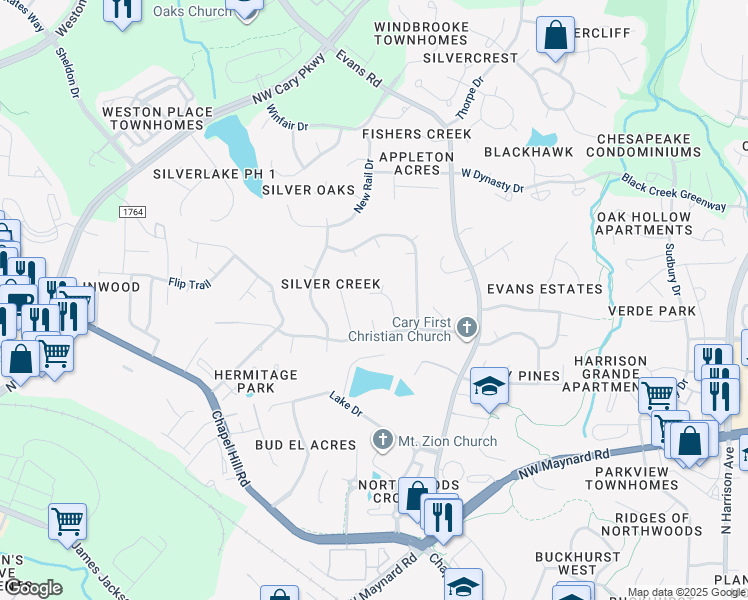 map of restaurants, bars, coffee shops, grocery stores, and more near 201 Tawny Ridge Lane in Cary