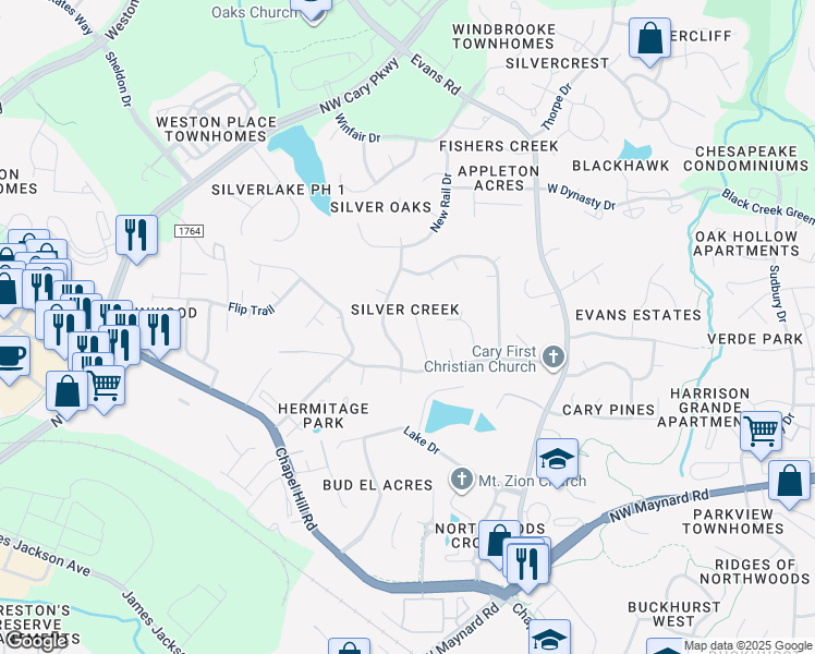 map of restaurants, bars, coffee shops, grocery stores, and more near 113 Ashley Glen Drive in Cary