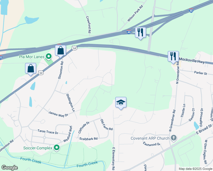 map of restaurants, bars, coffee shops, grocery stores, and more near Little Dog Lane in Statesville