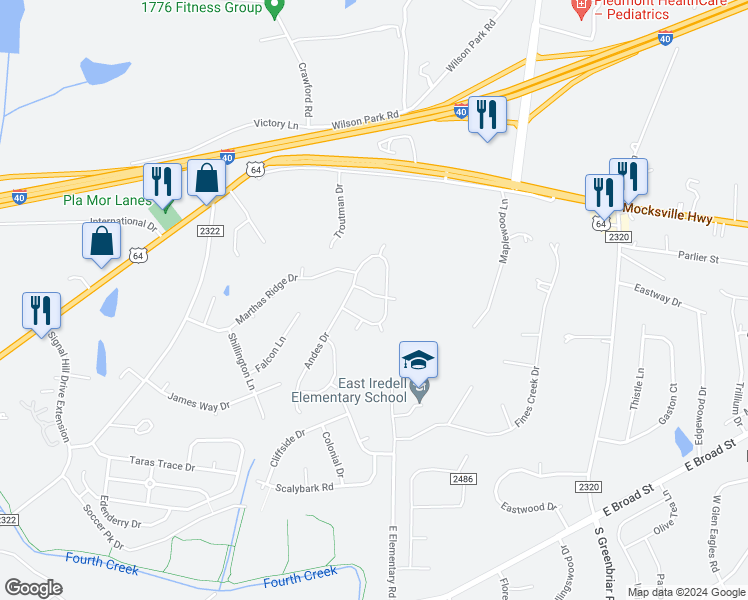 map of restaurants, bars, coffee shops, grocery stores, and more near 905 Little Dog Lane in Statesville