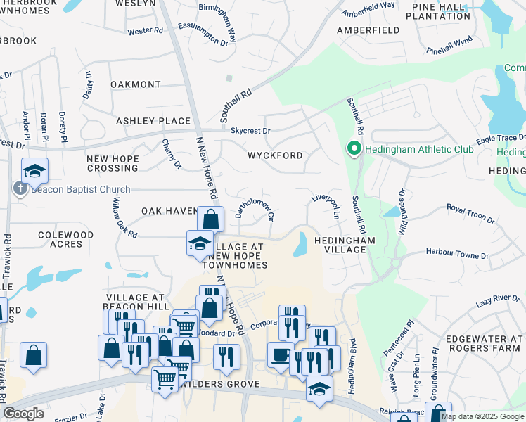 map of restaurants, bars, coffee shops, grocery stores, and more near 4441 Emmit Drive in Raleigh