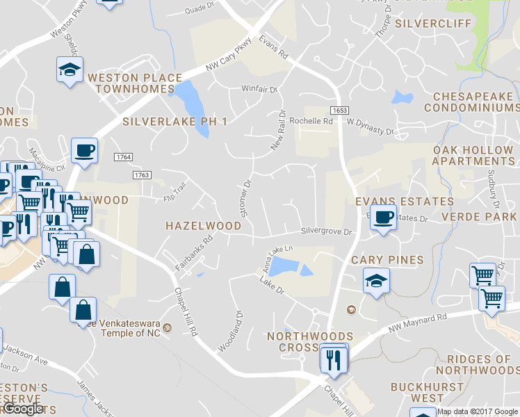 map of restaurants, bars, coffee shops, grocery stores, and more near 113 Ashley Glen Drive in Cary