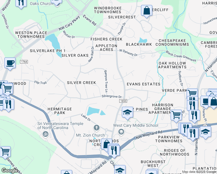 map of restaurants, bars, coffee shops, grocery stores, and more near 108 Banyon Tree Lane in Cary