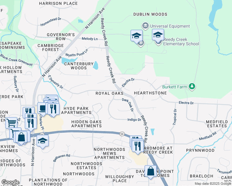 map of restaurants, bars, coffee shops, grocery stores, and more near 101 Indigo Drive in Cary