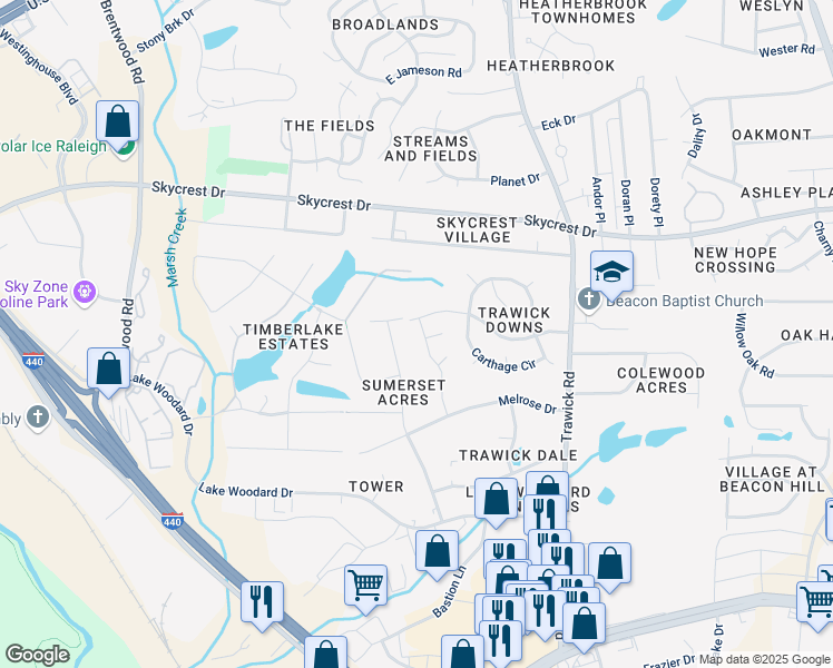 map of restaurants, bars, coffee shops, grocery stores, and more near 3415 Piedmont Drive in Raleigh