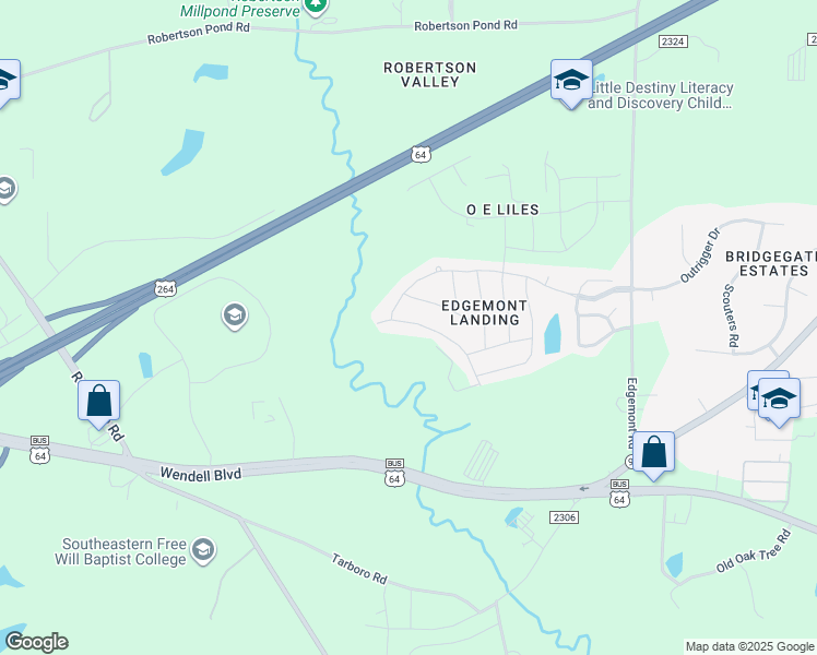 map of restaurants, bars, coffee shops, grocery stores, and more near 1245 Hawks Perch Way in Wendell