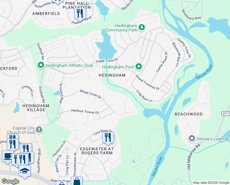 map of restaurants, bars, coffee shops, grocery stores, and more near 1708 Oakland Hills Way in Raleigh