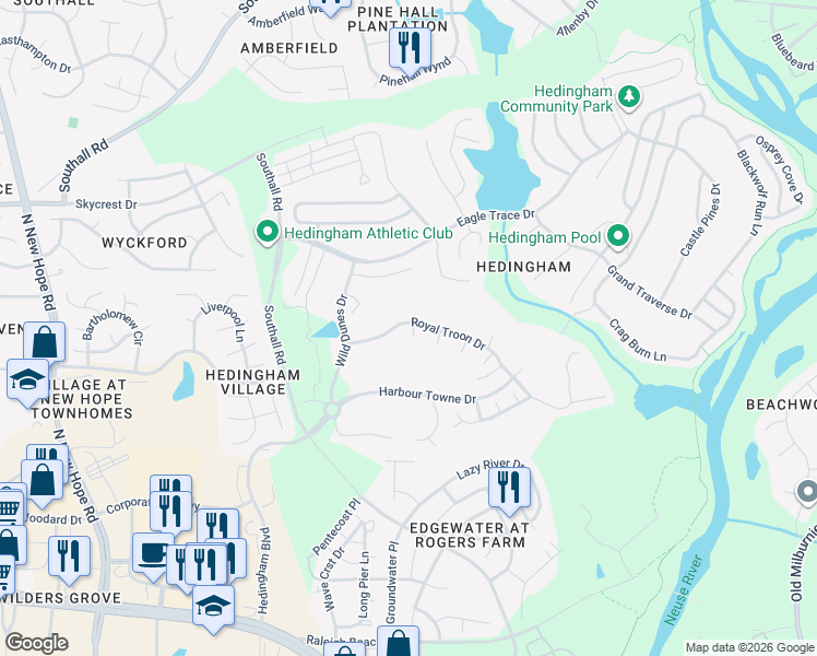 map of restaurants, bars, coffee shops, grocery stores, and more near 4741 Royal Troon Drive in Raleigh