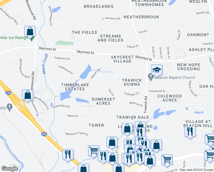 map of restaurants, bars, coffee shops, grocery stores, and more near 3415 Piedmont Drive in Raleigh