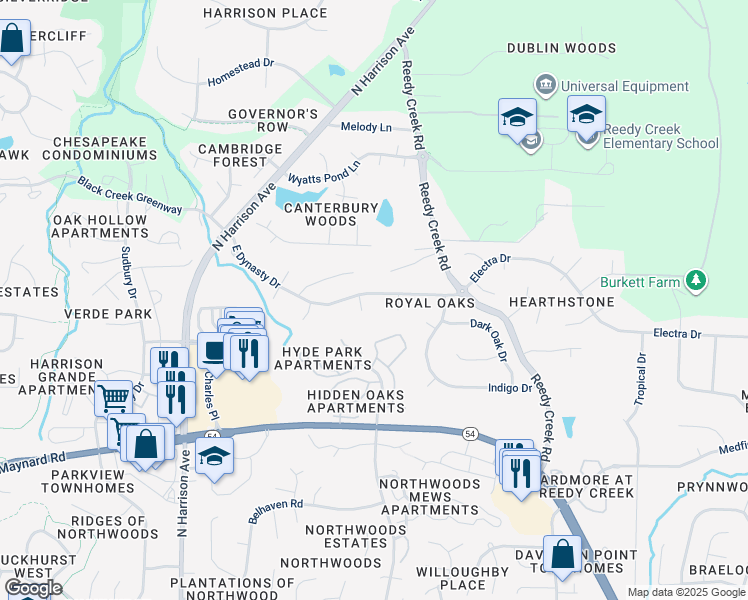 map of restaurants, bars, coffee shops, grocery stores, and more near 504 East Dynasty Drive in Cary