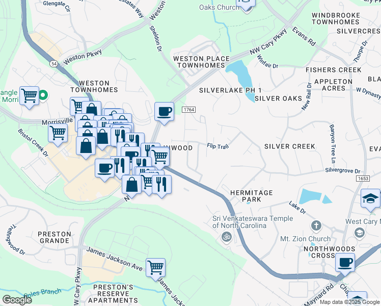 map of restaurants, bars, coffee shops, grocery stores, and more near in Cary