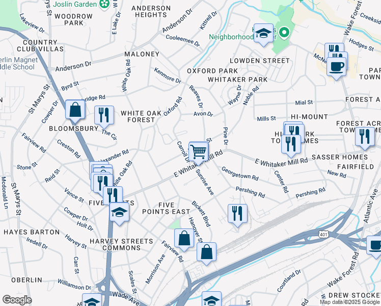 map of restaurants, bars, coffee shops, grocery stores, and more near 209 Hudson Street in Raleigh