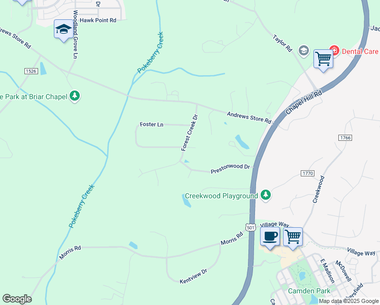 map of restaurants, bars, coffee shops, grocery stores, and more near 630 Foster Lane in Pittsboro