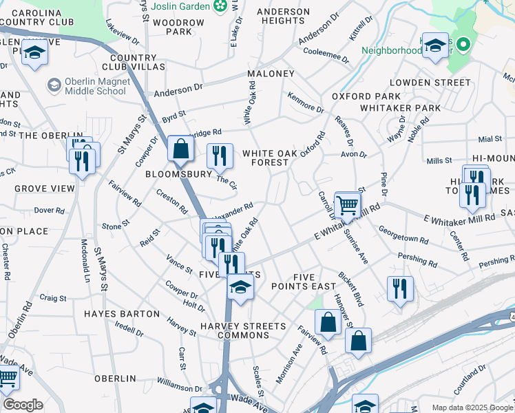 map of restaurants, bars, coffee shops, grocery stores, and more near 2004 White Oak Road in Raleigh