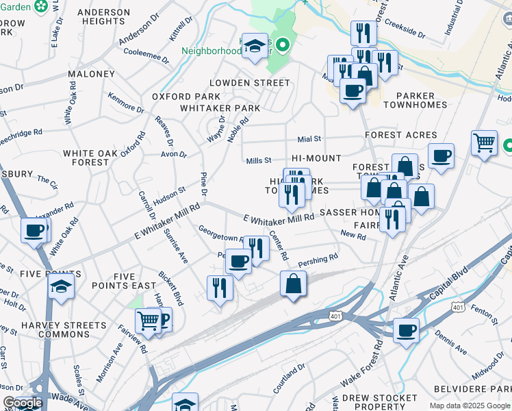 map of restaurants, bars, coffee shops, grocery stores, and more near 521 East Whitaker Mill Road in Raleigh