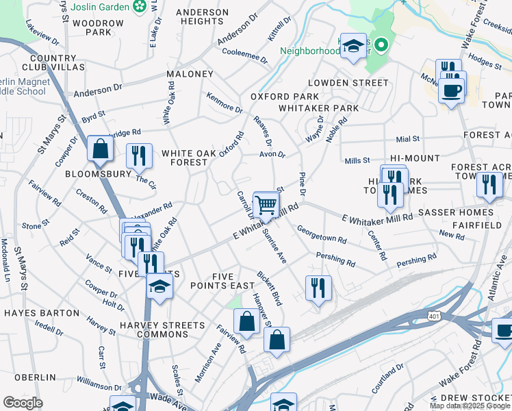 map of restaurants, bars, coffee shops, grocery stores, and more near 209 Hudson Street in Raleigh