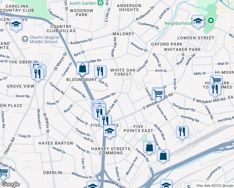 map of restaurants, bars, coffee shops, grocery stores, and more near 2004 White Oak Road in Raleigh