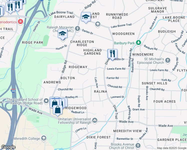 map of restaurants, bars, coffee shops, grocery stores, and more near 1439 Dixie Trail in Raleigh