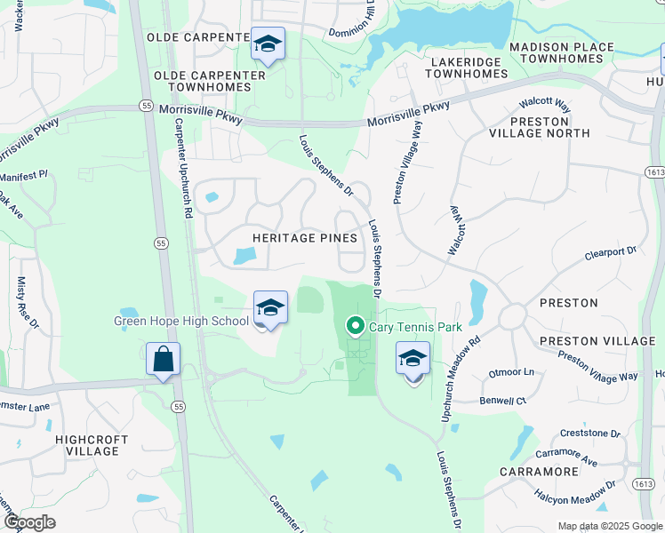 map of restaurants, bars, coffee shops, grocery stores, and more near 300 Indian Elm Lane in Cary