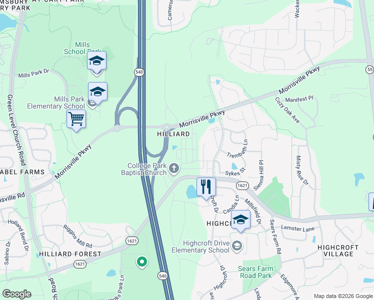 map of restaurants, bars, coffee shops, grocery stores, and more near 7216 Green Hope School Road in Cary