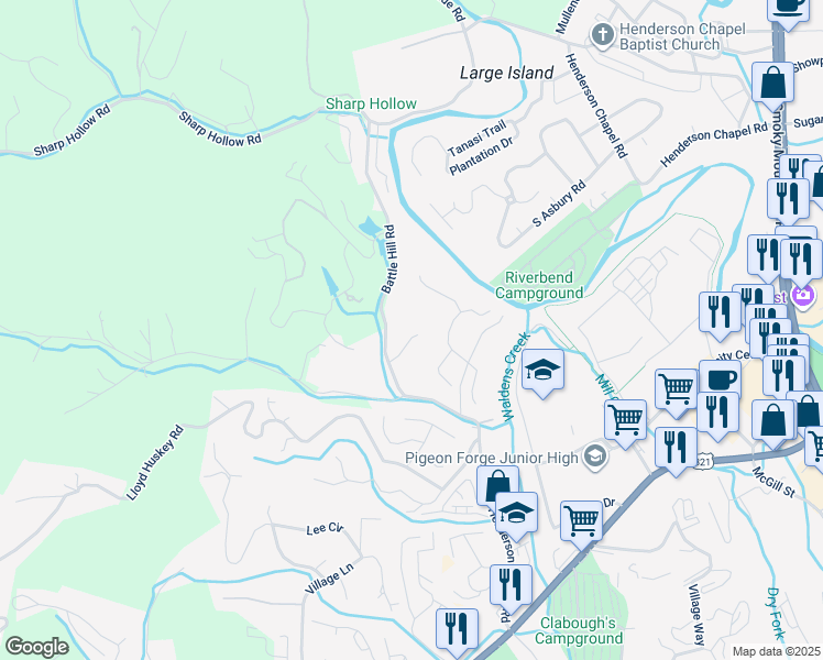 map of restaurants, bars, coffee shops, grocery stores, and more near 2243 Battle Hill Road in Pigeon Forge