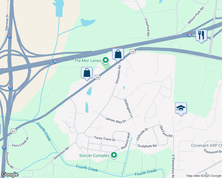 map of restaurants, bars, coffee shops, grocery stores, and more near 2407 Simonton Road in Statesville