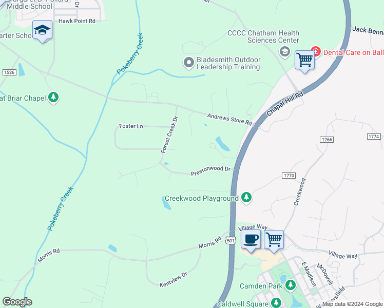 map of restaurants, bars, coffee shops, grocery stores, and more near 139 Twin Oaks Court in Pittsboro