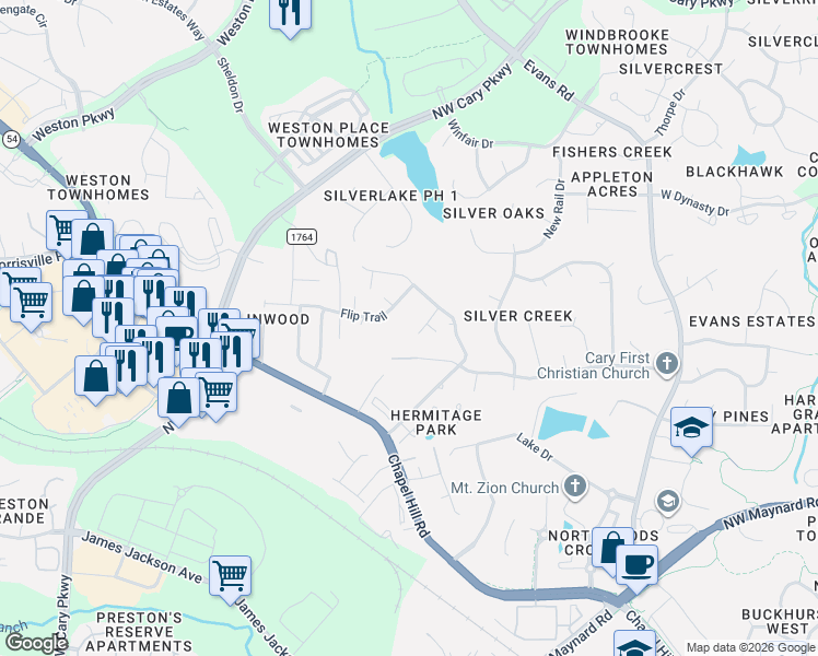 map of restaurants, bars, coffee shops, grocery stores, and more near 108 Streelman Way in Cary